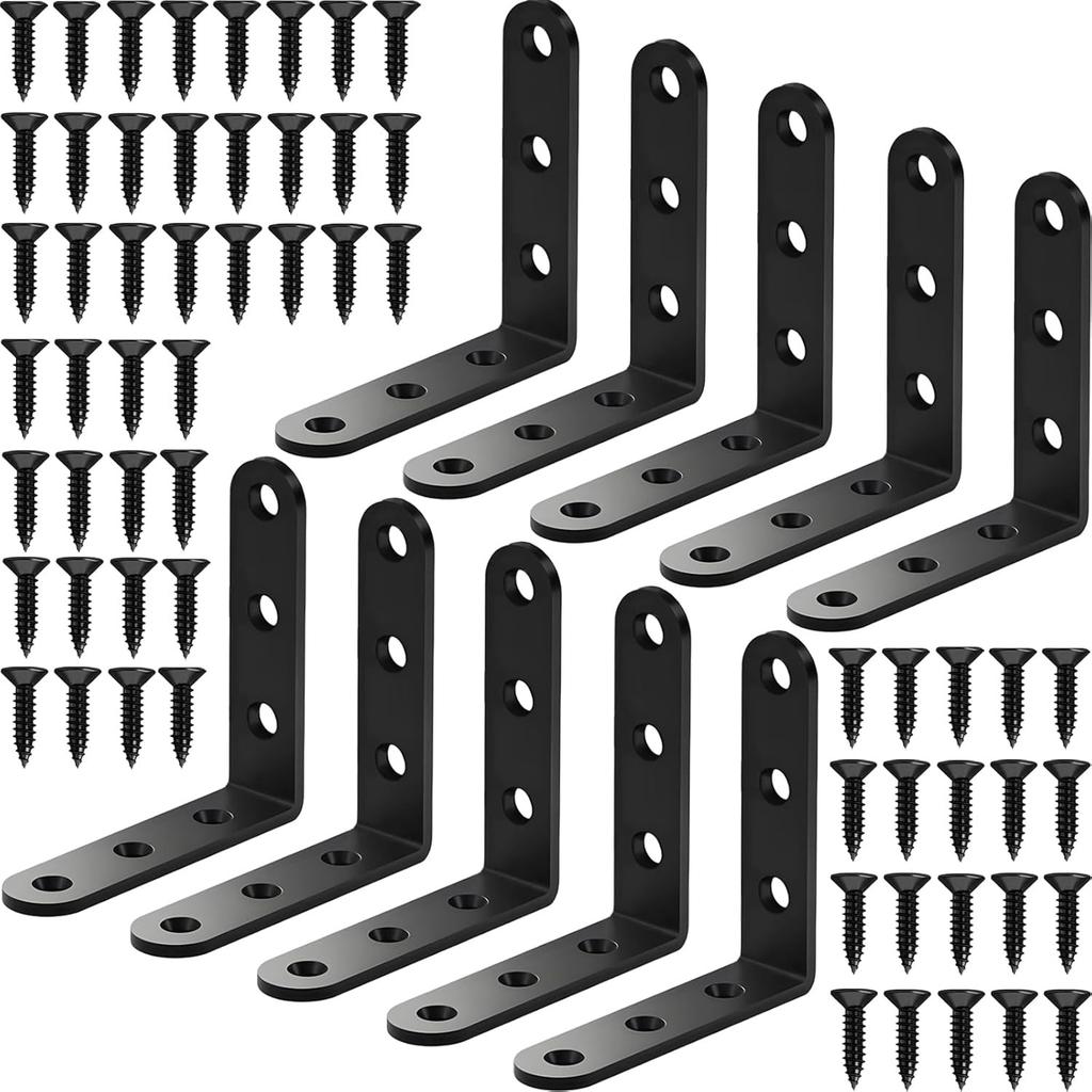 10Pcs Black Heavy Duty L Bracket 3.15 Inch, Stainless Steel 90° Right Angle Shelf Support with Screws for Floating Shelf Cabinet