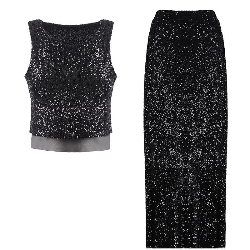 European And American Sequin Vest With Beaded Long Dress Elegant Sexy Versatile Party Dress Set For Women