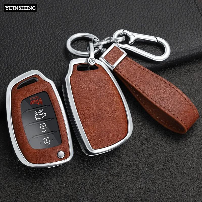 Zinc Alloy + Leather Car Key Case For Hyundai Ix25 Ix35 I10 I20 Solaris Tucson Sonata Santa Sport Elantra Creta Verna -