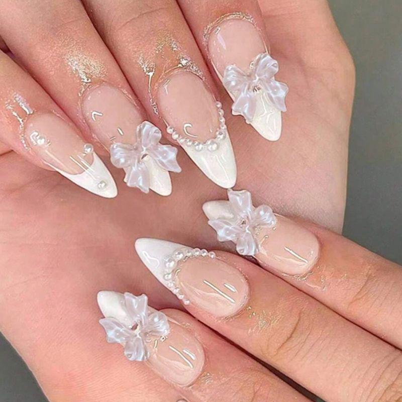 Valentine s White Almond French Pearl Bow Nail Art - European & American Style False Tips