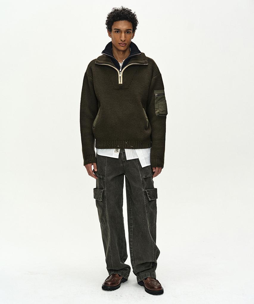 ADSB ANDERSSON BELL Double Layered Quarter Zip-Up Sweater (Khaki/Black)