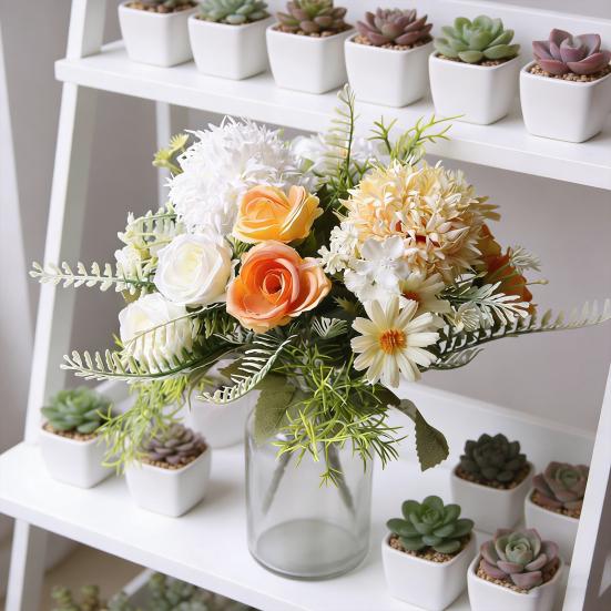 Fleurs Artificielles Haute Simulation Pétales en Soie Toucher Réel Tiges en Fil de Fer Réglables Roses Mixtes Hortensias Marguerites Sans Entretien Décoration de Maison Cadeaux