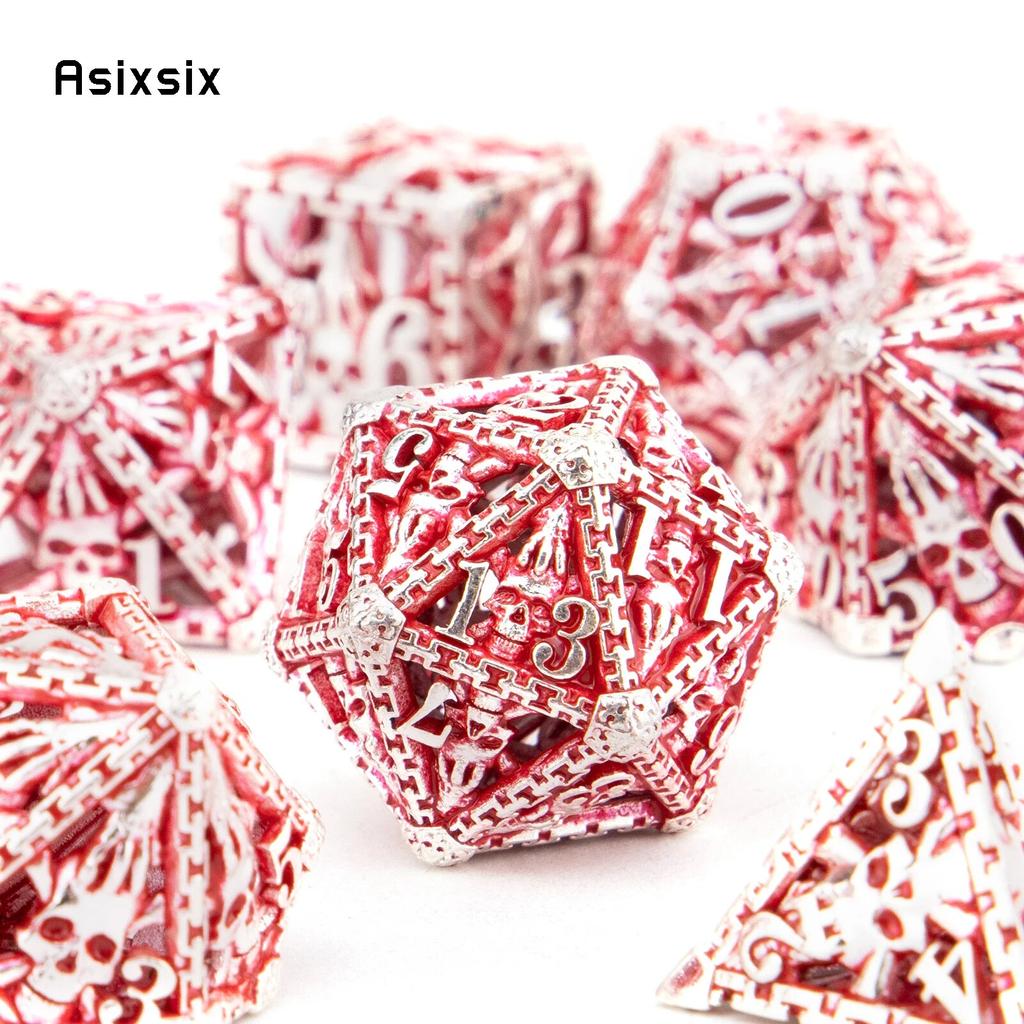 7 Pcs Silver Red Hand Skull Head Metal Dice Hollow Metal Polyhedral Dice Set Suitable for Role-Playing RPG  Board Game Card Game
