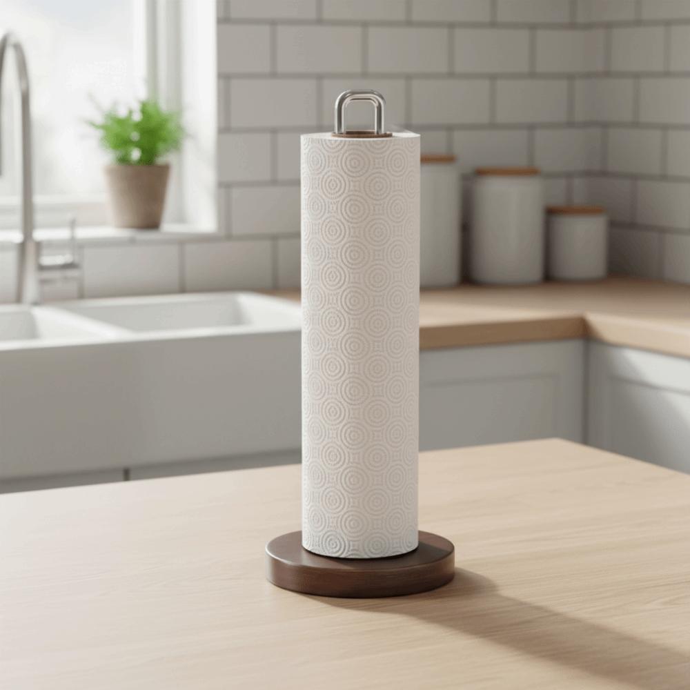 Stainless Steel Paper Towel Stand Wooden Base One-Handed Tear Paper Towel Rack Non-Slip Durable Toilet Tissue Holder Countertop