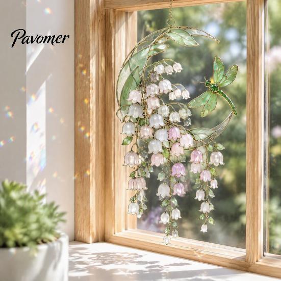 Clear Acrylic Floral Ornament Stained Glass Style Flower Suncatcher, Lily of The Valley Dragonfly Window Indoor Outdoor Decorative Piece Hanging