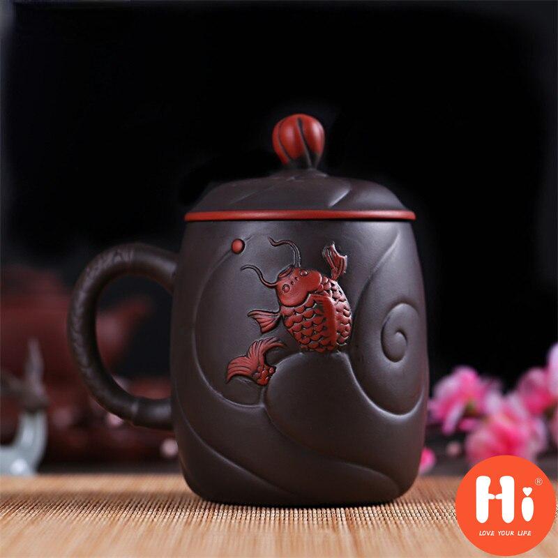 Hi fialová hlína reliéfní dračí šálky na čaj Retro hrnek na čaj s víčkem a infuzérem Ručně vyrobený šálek na vodu Nádobí na pití