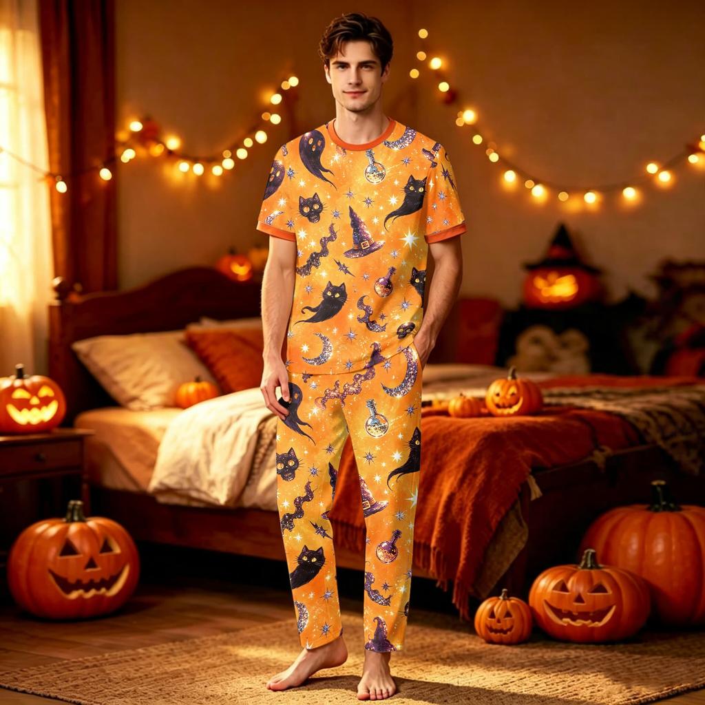 Family Matching Halloween Pajama Sets Short Sleeve T-Shirt and Pants Print Wear for Women Men Kids