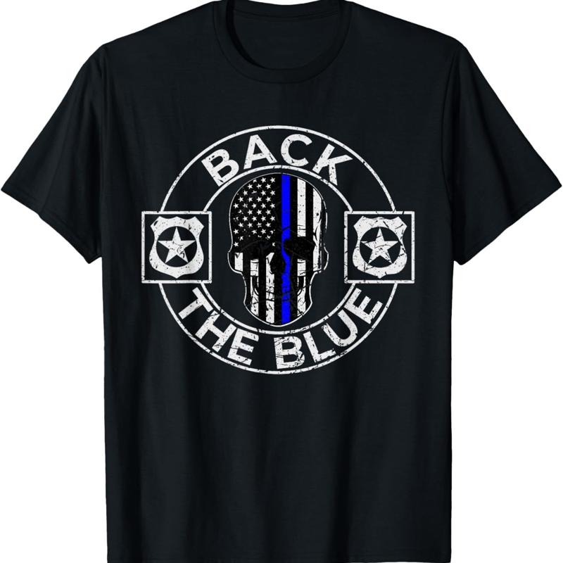 Back The Blue Thin Line Distressed American Flag Skull T Shirt - Men s Summer Cotton Graphic Tee S разноцветный