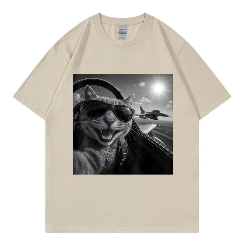 Cat Pilot Selfie Funny Meme Graphic T Shirts High Street Fashion Trend Short Sleeve Tshirts Unisex Unisex Casual 100cotton Tshirt