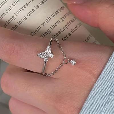 PONYKISS  Sterling Silver Zircon Butterfly Chain Opening Rings for Women Minimalist Fine  Cute Insect Accessories