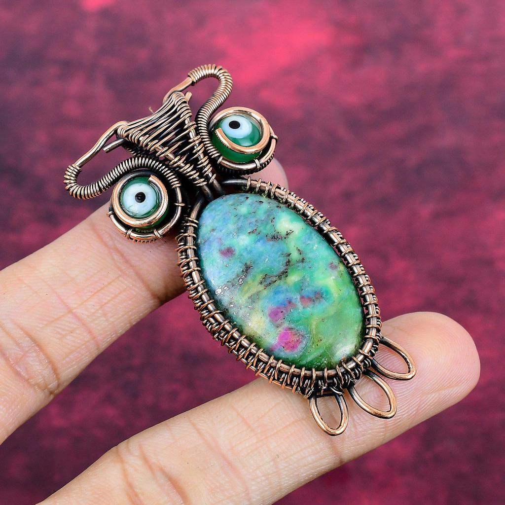Ruby Fuchsite Gemstone Pendant Handmade Green Evil Eye Pendant Copper Wire Wrapped Owl Jewelry