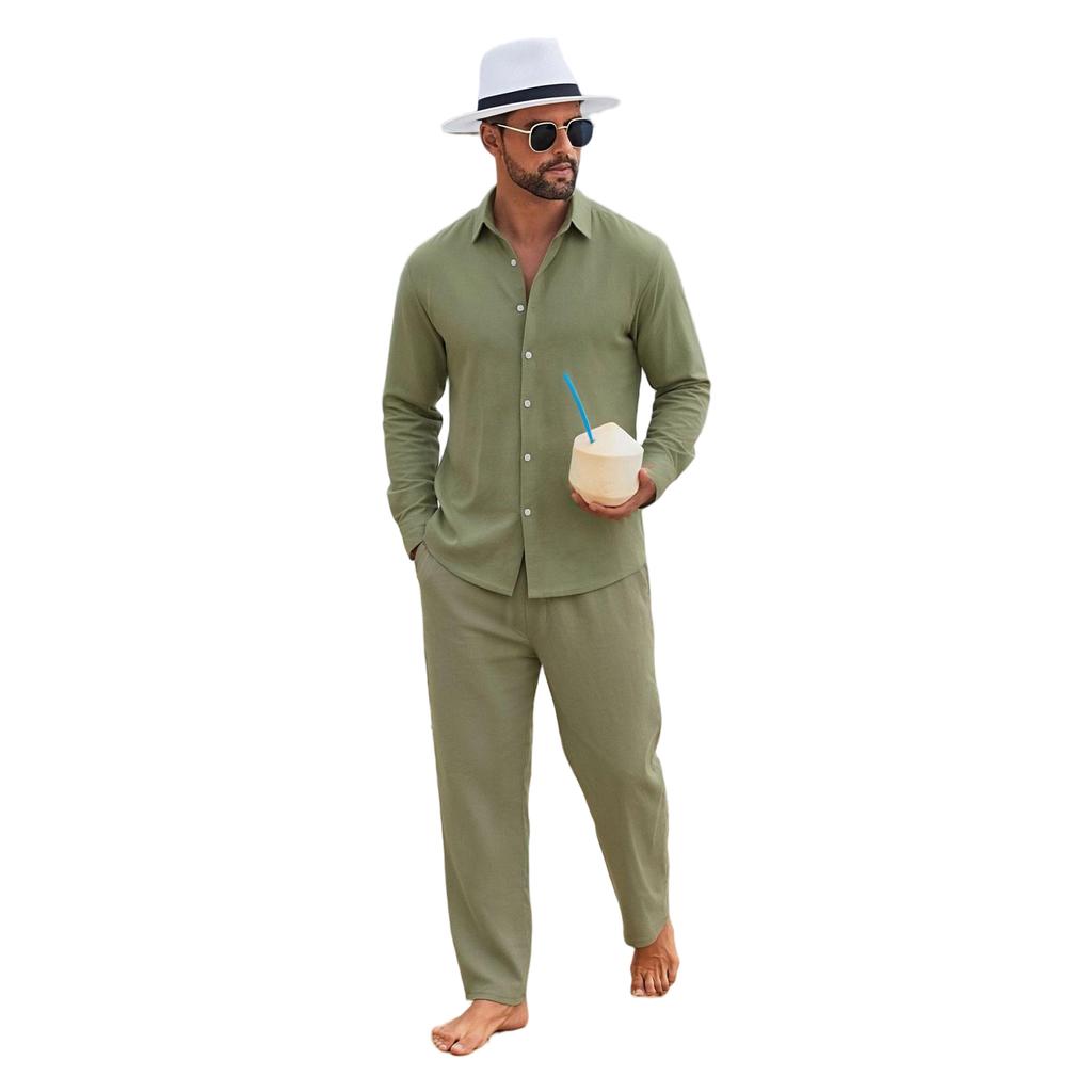 Men's Linen Relaxed Fit Long Sleeve Shirt and Pants Beach Set for Summer