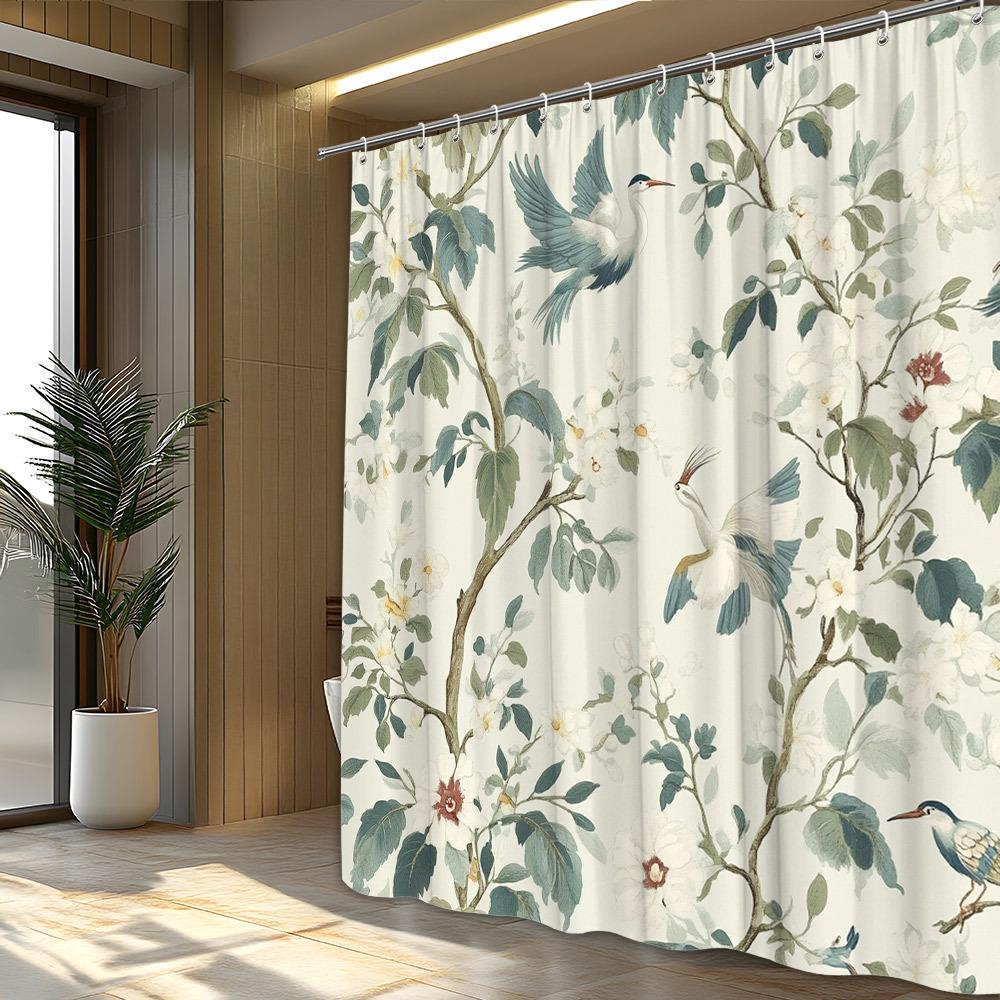 

Vintage Botanical Shower Curtain - Pastel Flowers, Elegant Cranes & Birds On Soft Cream Background | 19Th-Century Style W60H190(CM)-1 Pcs