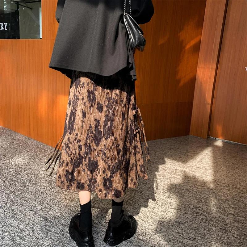 Autumn Vintage Print Summer Skirts Lace Up High Waist Long Midi Skirt Corduroy Midi Length Korean Elegant Office Streetwear Z339
