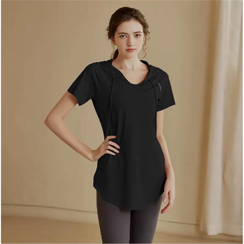

Women s Loose-Fit Quick-Dry Hooded Fitness T-Shirt - Slimming Mid-Length Sport Tee, Short Sleeve, Hip-Covering Yoga Cover-Up XL (125-140 jin) чорний