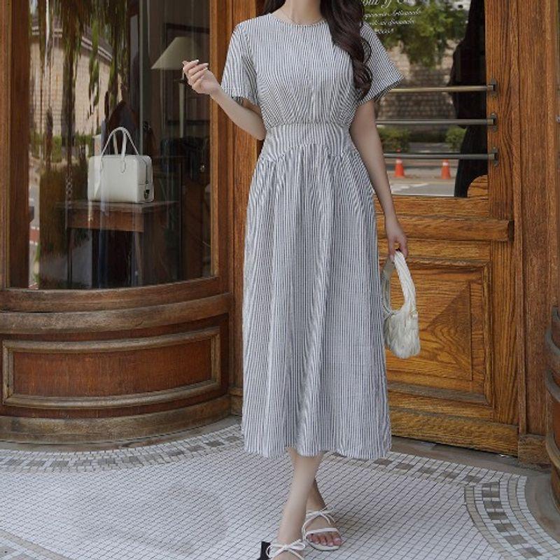 

Plus Size Women s Clothing Fat Sister K-style Summer round Neck Stripes Waist-Controlled Lace-up Mid Length Long Length Short Sleeve Dress L-4XL Black(Figure) 4XL