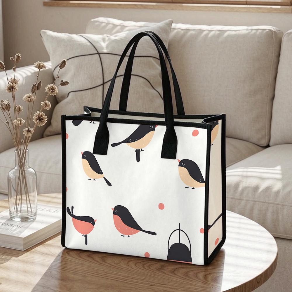 Cute Bird Printed Canvas Tote Bag Fashionable Casual Large Capacity Daily Shoulder Handbag for Women
