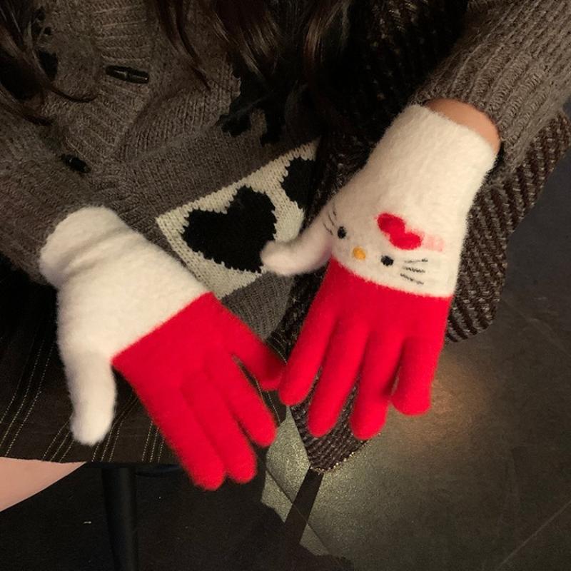 Cute Cartoon Hello Kitty Plush Gloves Student Cycling Winter Warm Five-Finger Gloves  Accessories Holiday Gifts