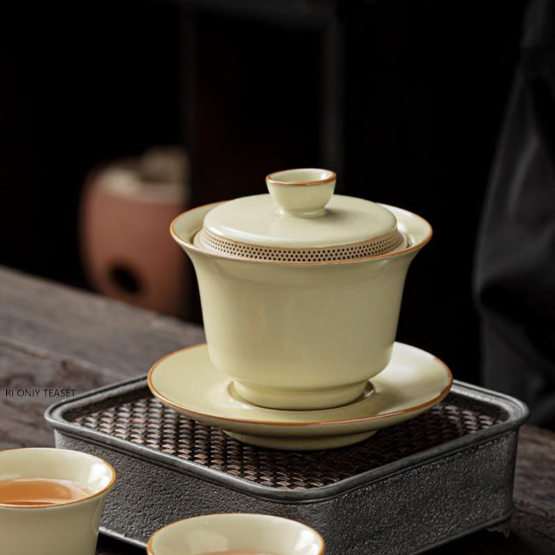 Chinese Ru Kiln Ceramic Gaiwan Handmade Teacup Tea Water Separation Tea Bowl Household Travel Teaware Tea Ceremony Gifts