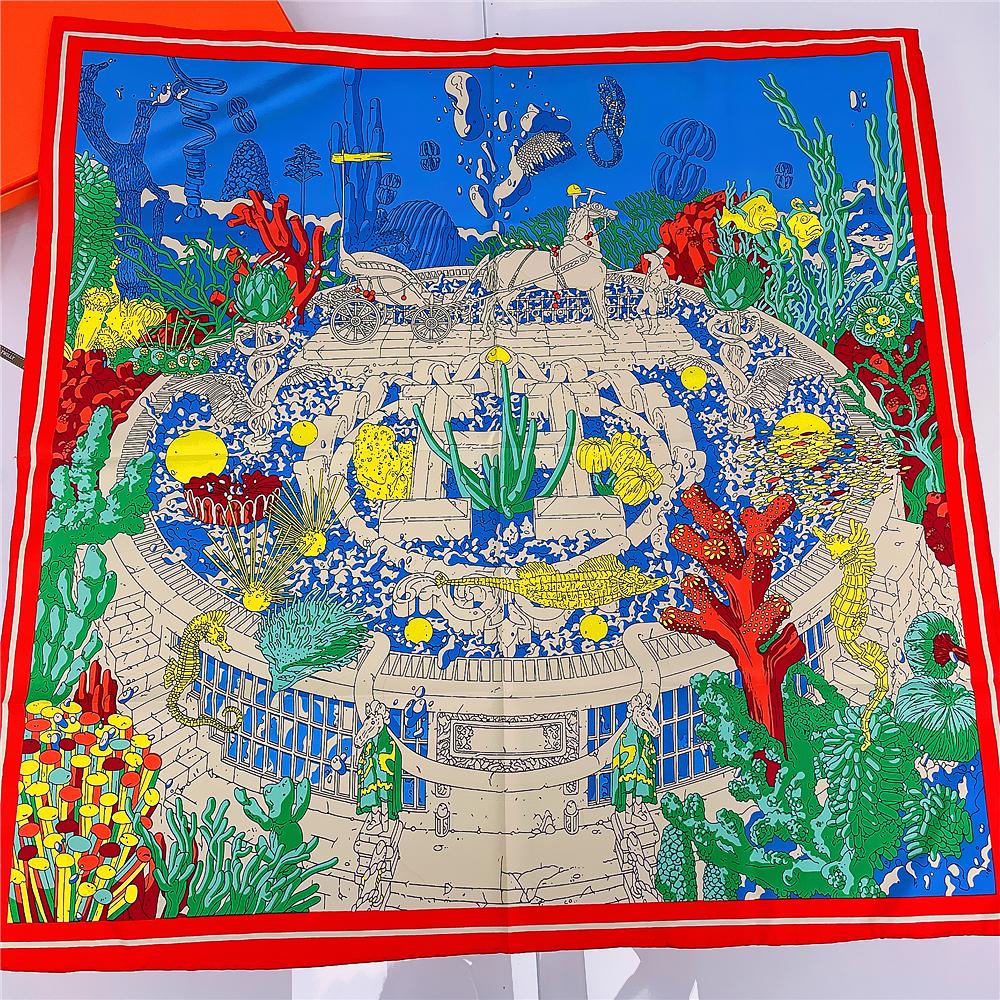 90Cm Luxury  Sea World Hijab Scarf Women Bandana Handmade Curled Twill Silk Square Scarf Luxury Foulard Head Scarves Shawls