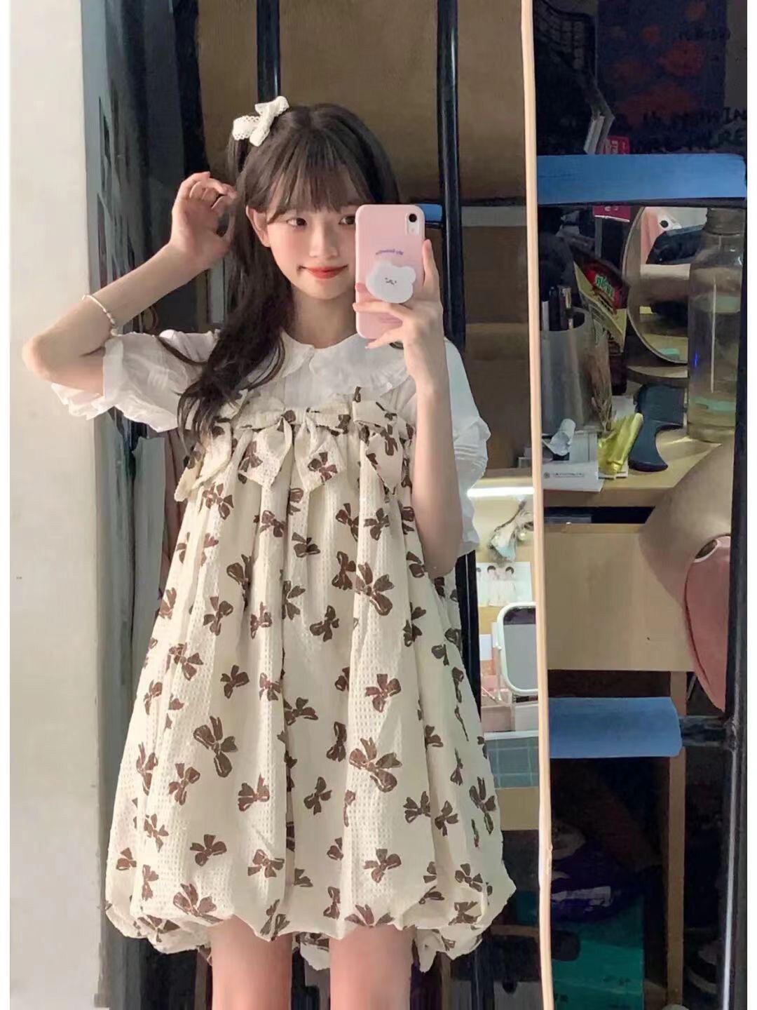 

Женский летний комплект из двух предметов: Пышное платье принцессы с цветочным принтом, с топом-камисолью с бантом и топом с воротником Питер Пэн XL