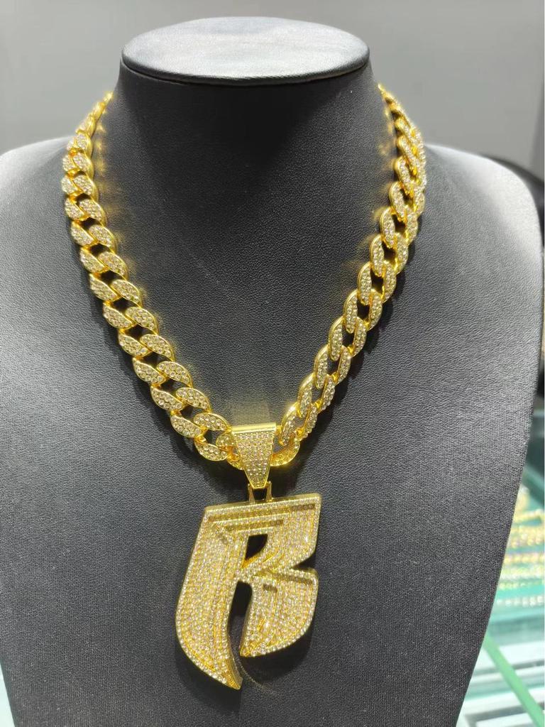 Men's Hip-Hop Punk Style Diamond Letter B Pendant with 15mm Cuban Chain Necklace