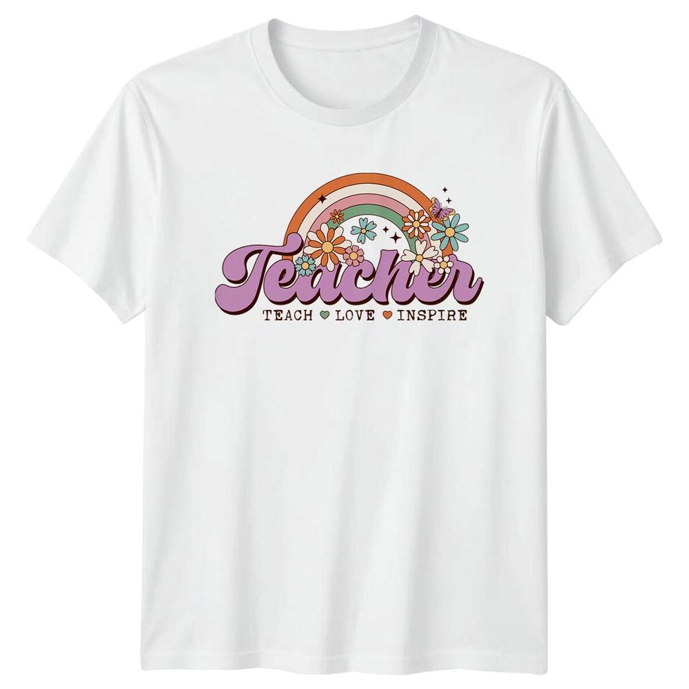 Teacher Teach Love Inspire TShirt Retro Rainbow Floral Gift Tee S