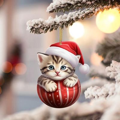 2D Christmas Cat Pendant Acrylic Decorative Cat Xmas Hat Ornament Cat Car Pendant Flat Christmas Tree Decorations Christmas Gift