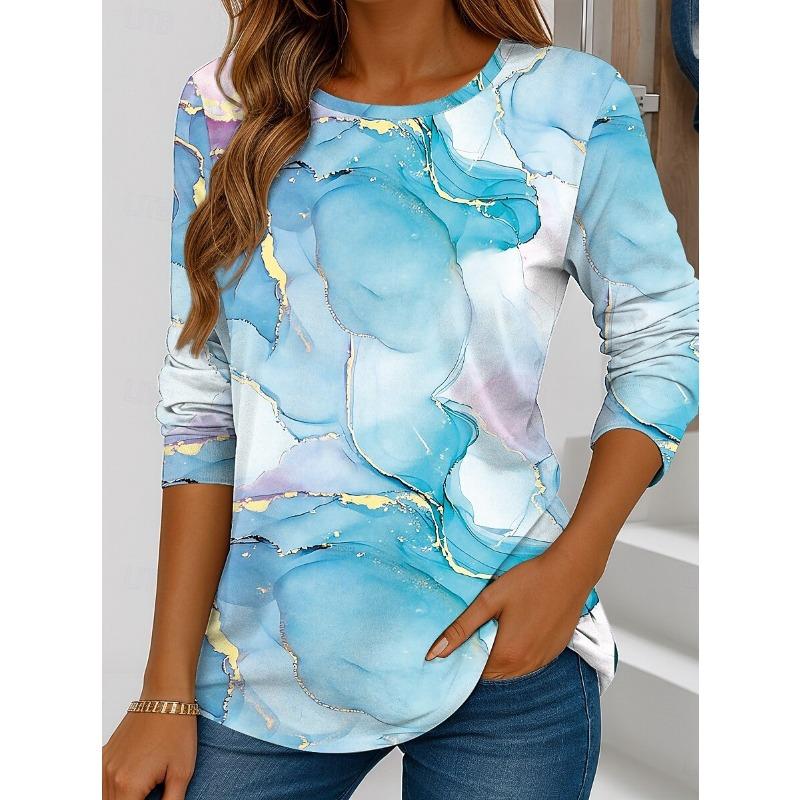 Women's T Shirt Magma pattern printing Vintage Stylish Long Sleeve Crew Neck Regular Tops Daily Going out Weekend Print  Spring