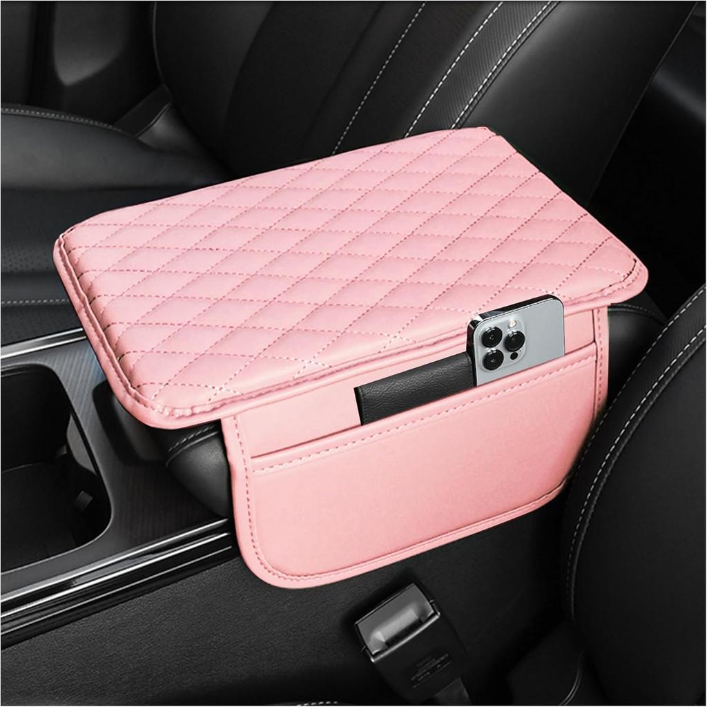 Upgraded Microfiber Leather Car Center Console Armrest Cover Cushion | with 2 Storage Bags Pink Interior Accessory