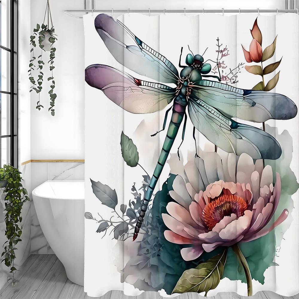 Dragonfly Lotus Watercolor Shower Curtain, Bathroom Decorative Shower Curtain, Waterproof Shower Curtain with Hooks