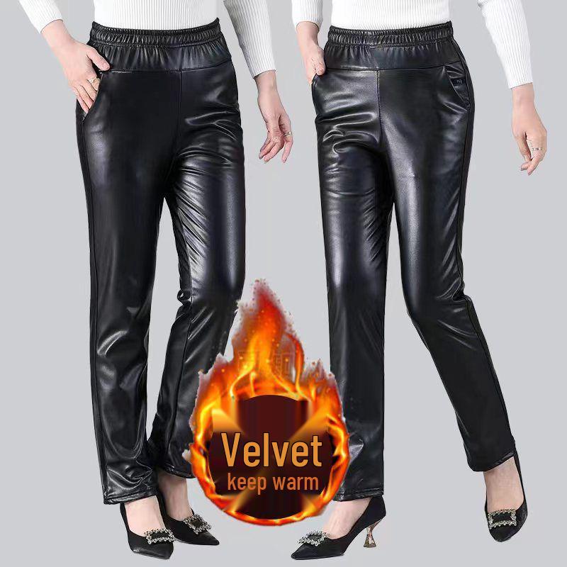 Women's High Waist Fleece-Lined Leather Pants: Plus Size, Loose Fit, Waterproof, Ideal for Spring, Autumn, and Winter