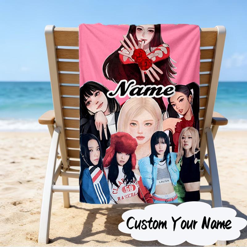 Custom Name Kpop Group Portrait Microfiber Beach Towel Super Soft & Absorbent for Bath, Beach, Travel Bath Time Accessory, Fan gifts