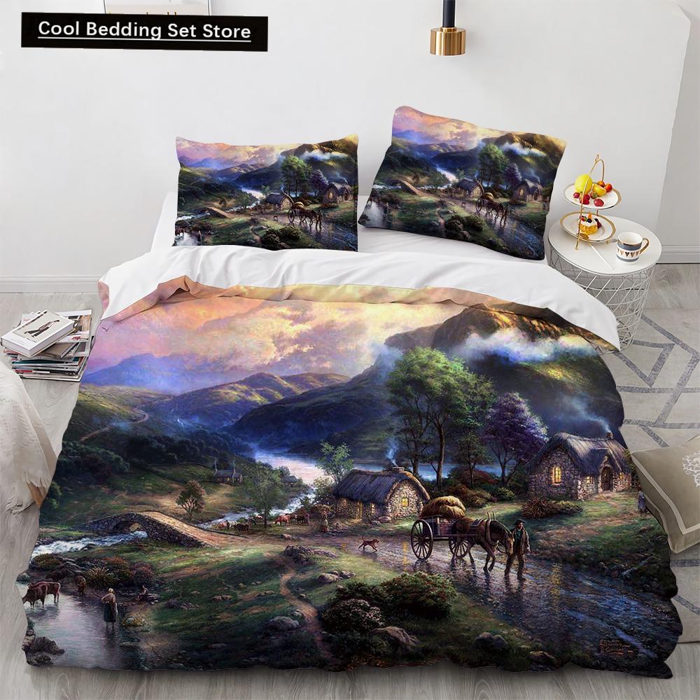 Oil Painting King Queen Duvet Cover Vintage Building Landscape Bedding Set for Adults Retro Art 2/3pcs polyester Quilt Cover