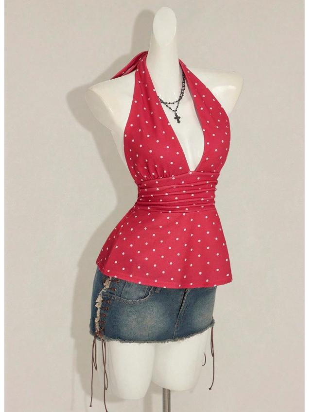 Stylish Multi-color Halterneck V-neck Pleated Vest - Summer Fashion