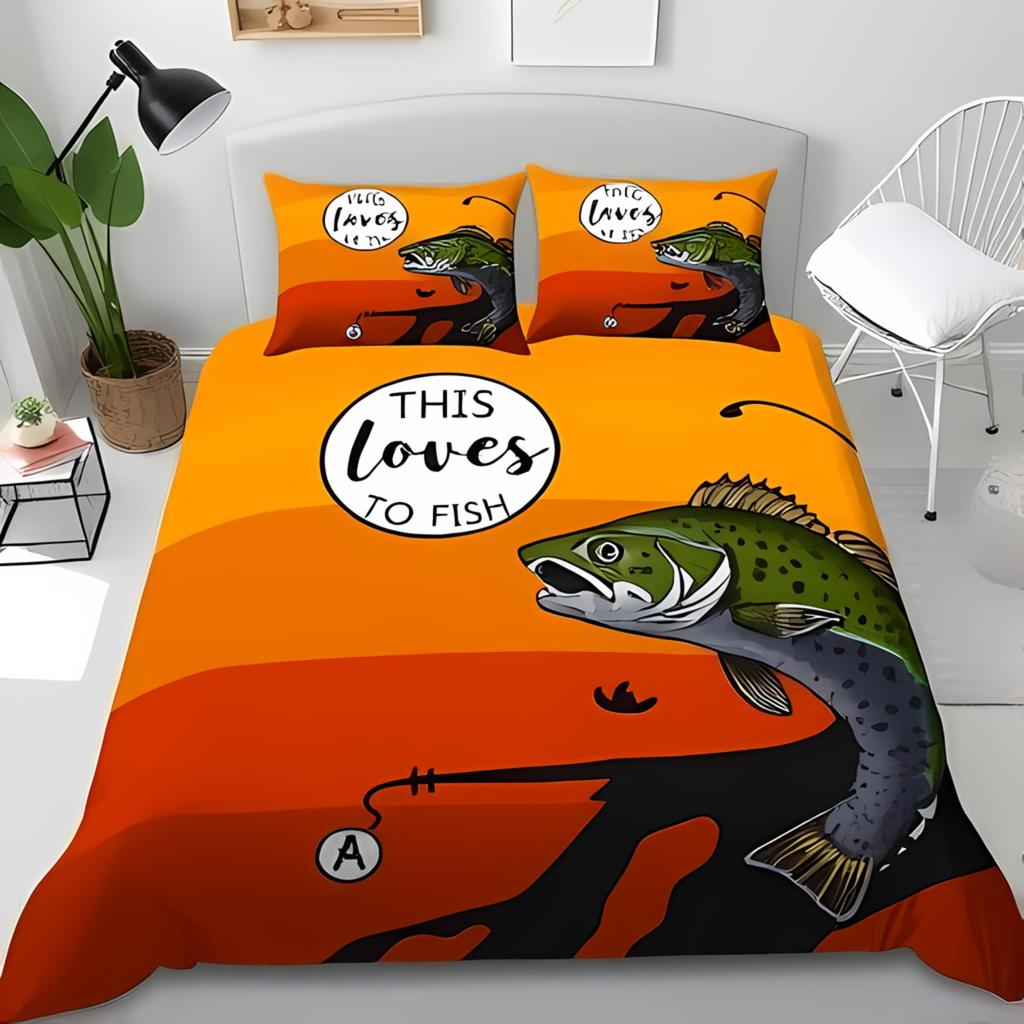 Fishing Queen Duvet Cover Set Vibrant Blue With Cartoon Fish Water Splatter Design Perfect For Fishing Lovers Warm And Soft