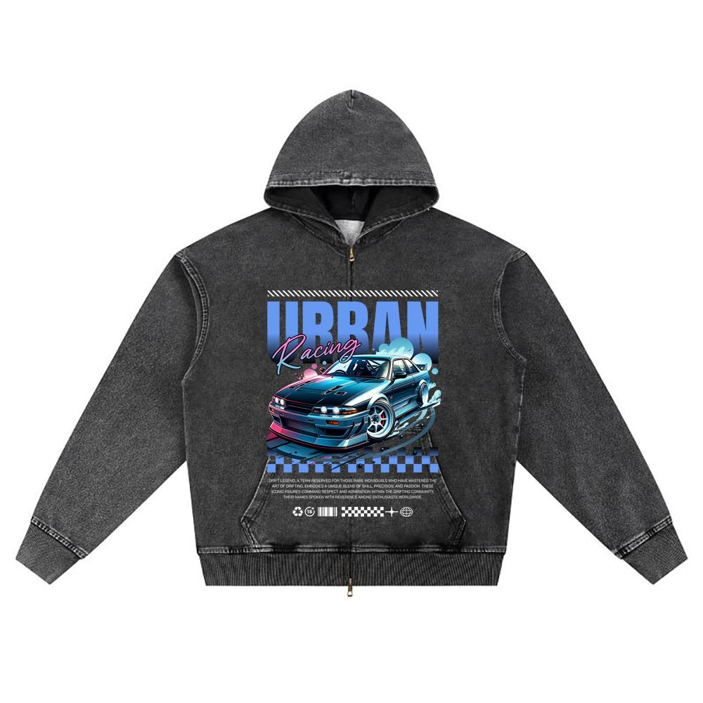 

DTG print Knitted Denim Zip-Up Hoodie Urban Racing Drift Brother Print Zipper Hoodies S