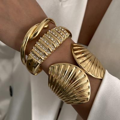 Ingemark Exaggerated Hip Hop Metal Scallop Knot Open Bangles Women Trend Vintage Gold Color Rhinestone Bracelet Men Jewelry