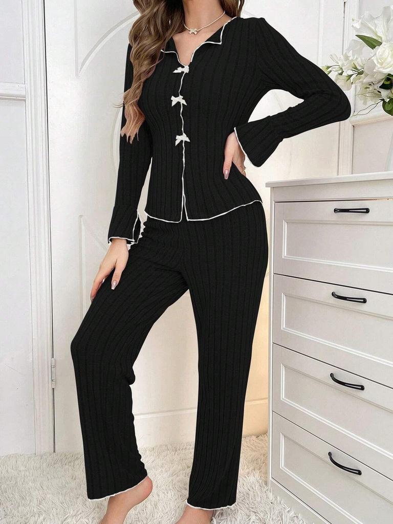 Women's European & American Autumn/Winter Lapel Bow Pajama Set - Sexy Long Sleeve, Long Pants