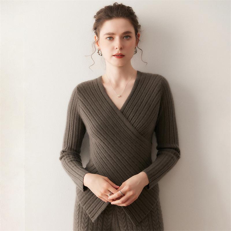 Lekasha Women's V-Neck Cross Knit Cashmere Sweater - Long Sleeve, Autumn/Winter Style