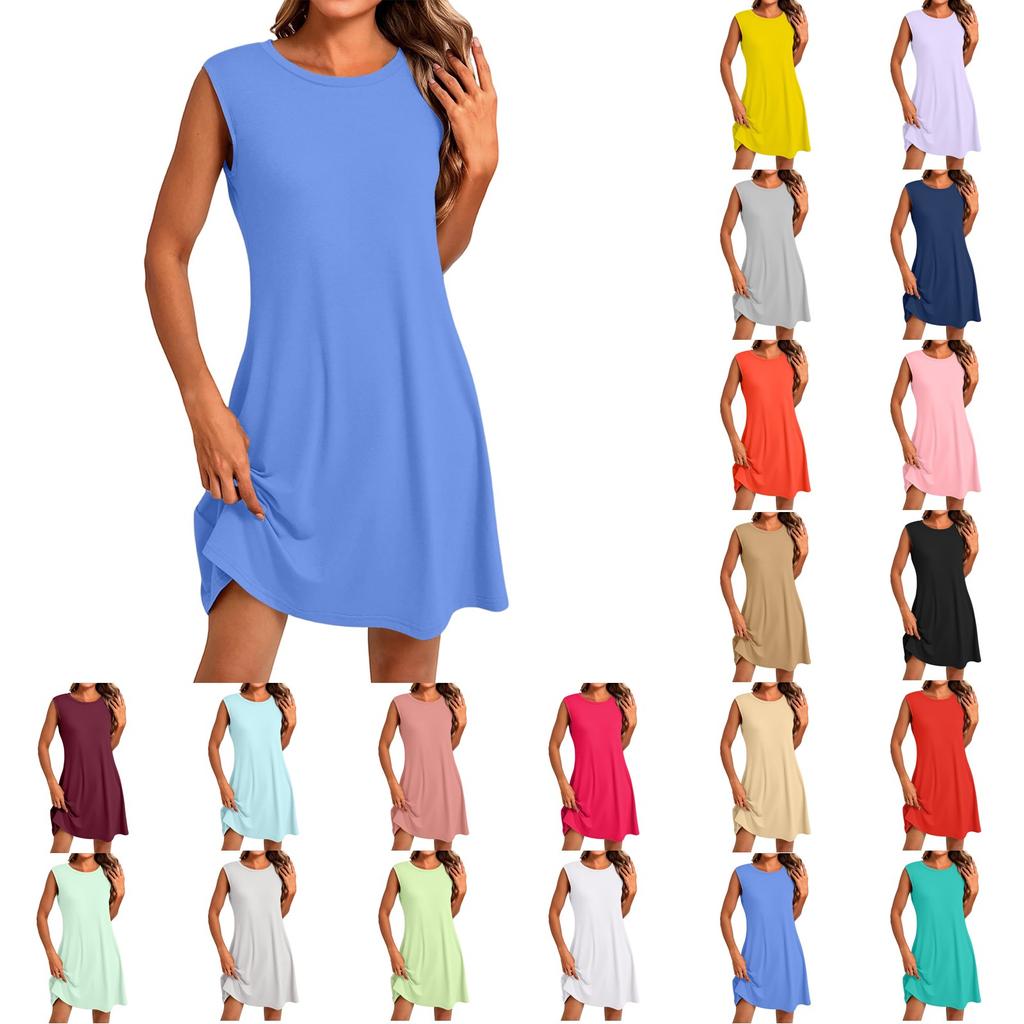 Women's Fashion Casual Color Round Neck Sleeveless Short Dress