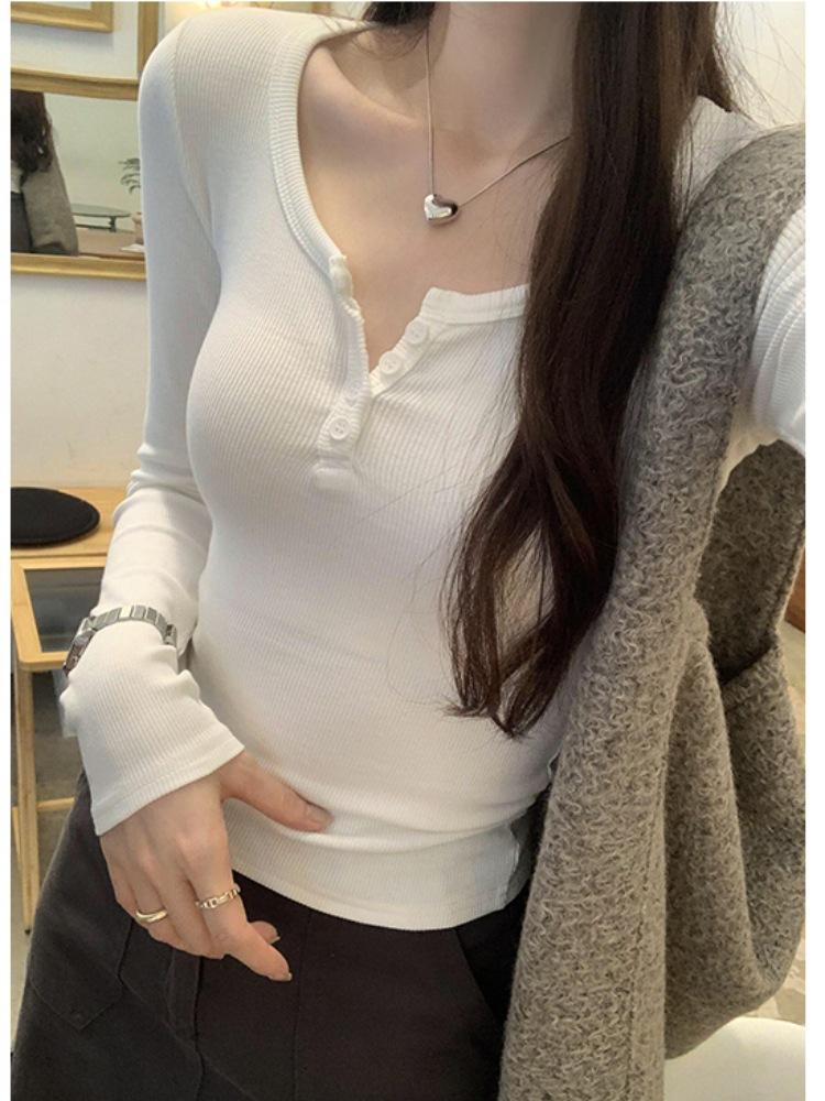 Spice Girl Sexy U-Neck Button Half Open Neck T-Shirt Women's Spring Slim Skinny Shoulder Long Sleeve Top Bottom