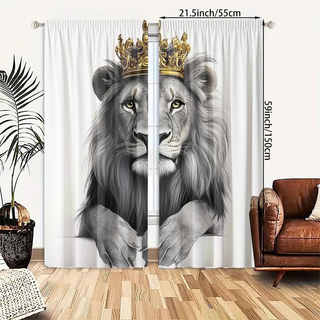 2pcs   Polyester Material   HD Digital Black and White Crown Lion Pattern Print   Light Filtering Curtain   Suitable for Bedroom