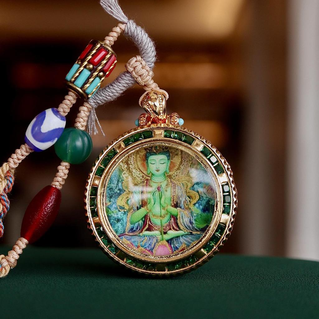 Qinghai Regong Green Tara Hand-painted Ethnic Thangka Pendant