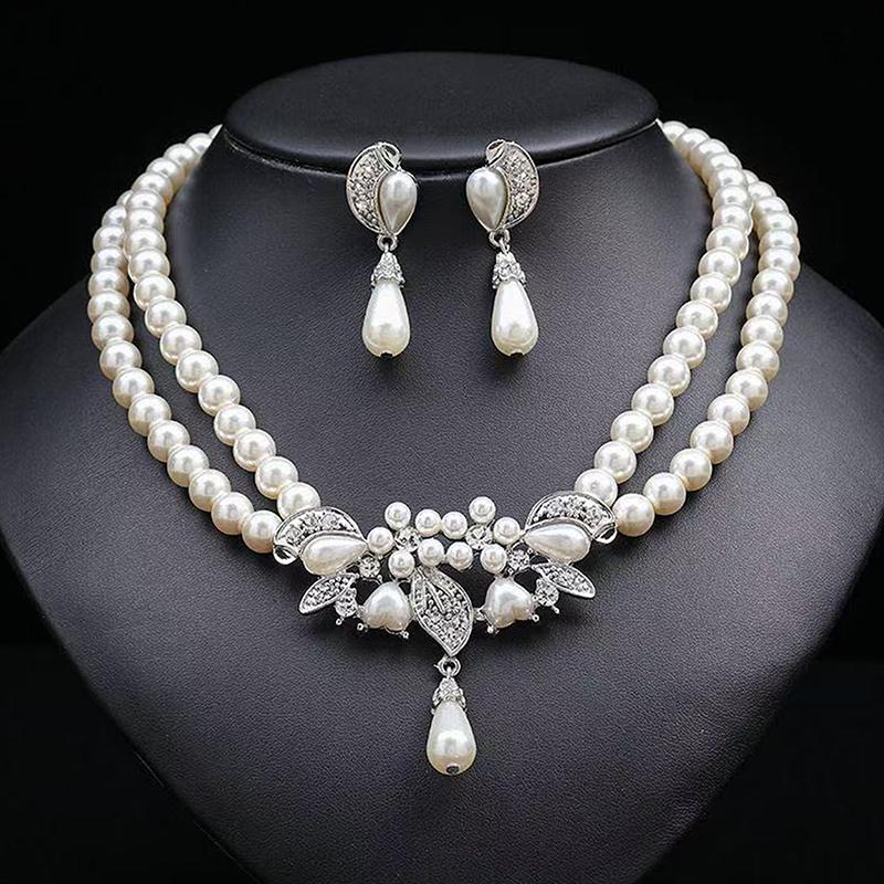 Fashion Imitation Pearl Necklace Two Layer Pearl Necklace Earrings Jewelry Beaded Necklace