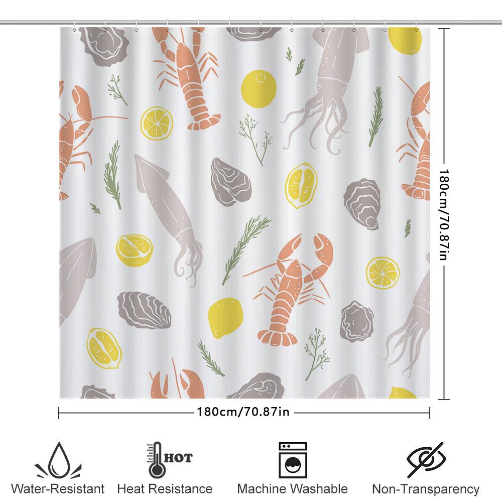 Seafood-Themed Shower Curtain With Octopus And Lobster Design For Bathroom Decor Peach Yellow Orange Gray Color Pattern Waterpro