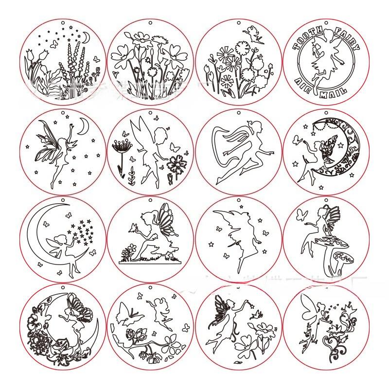 DIY 16 Pcs Fairy Stencils Templates for Painting,Scrapbooking on Wood,Glass,Canvas. Flower, Moon&Tooth Fairy Wildflower Designs