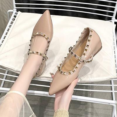 Mary Jane Small Heel Single Shoes Women's New Pointed Head Shallow Mouth Thin Beautiful Temperament Rivets with Skirt Women's Shoes