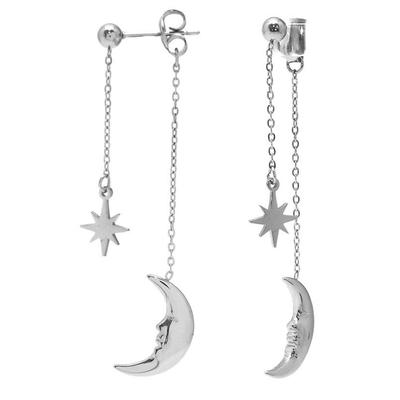 [Q8534] - Designer Steel Earrings 'Starry Moon' Silver - 6 Cm - Moon 16x11 Mm