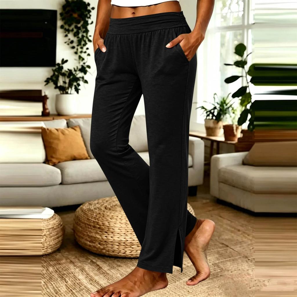 Women's Casual High Waist Straight Leg Pants with Pockets and Side Slit Hem
